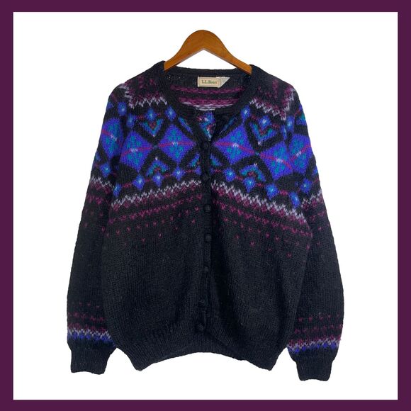 Vintage L.L. Bean Mohair Wool Sweater Cardigan Fair Isle Pattern Size XL - Picture 1 of 10
